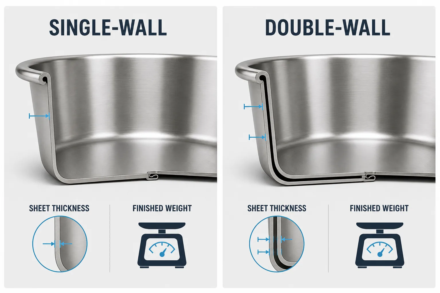 Single-wall and double-wall stainless steel dog bowl construction comparison