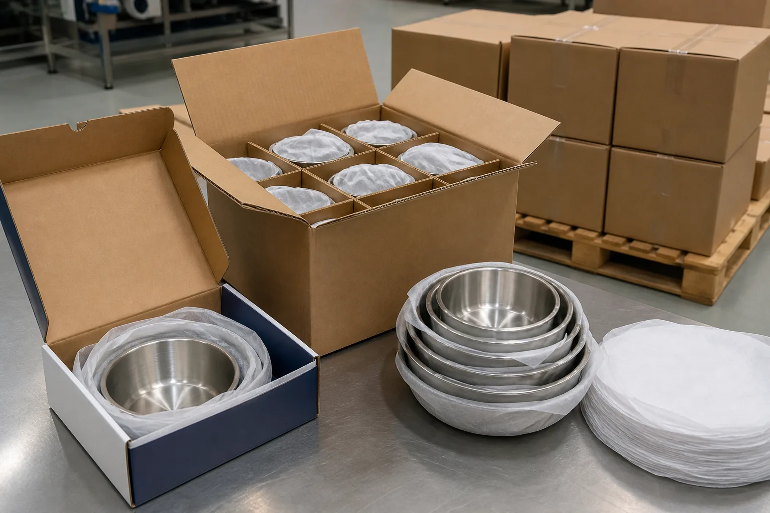 Protective export packaging for nested stainless steel dog bowls