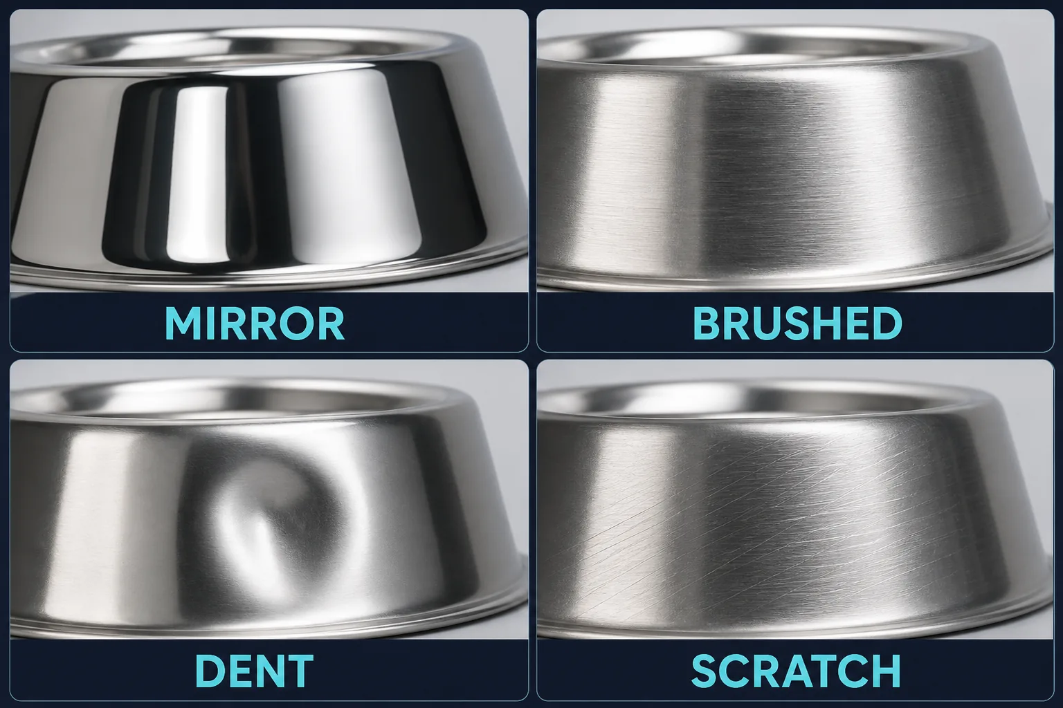 Stainless steel dog bowl finishes and common workmanship defects
