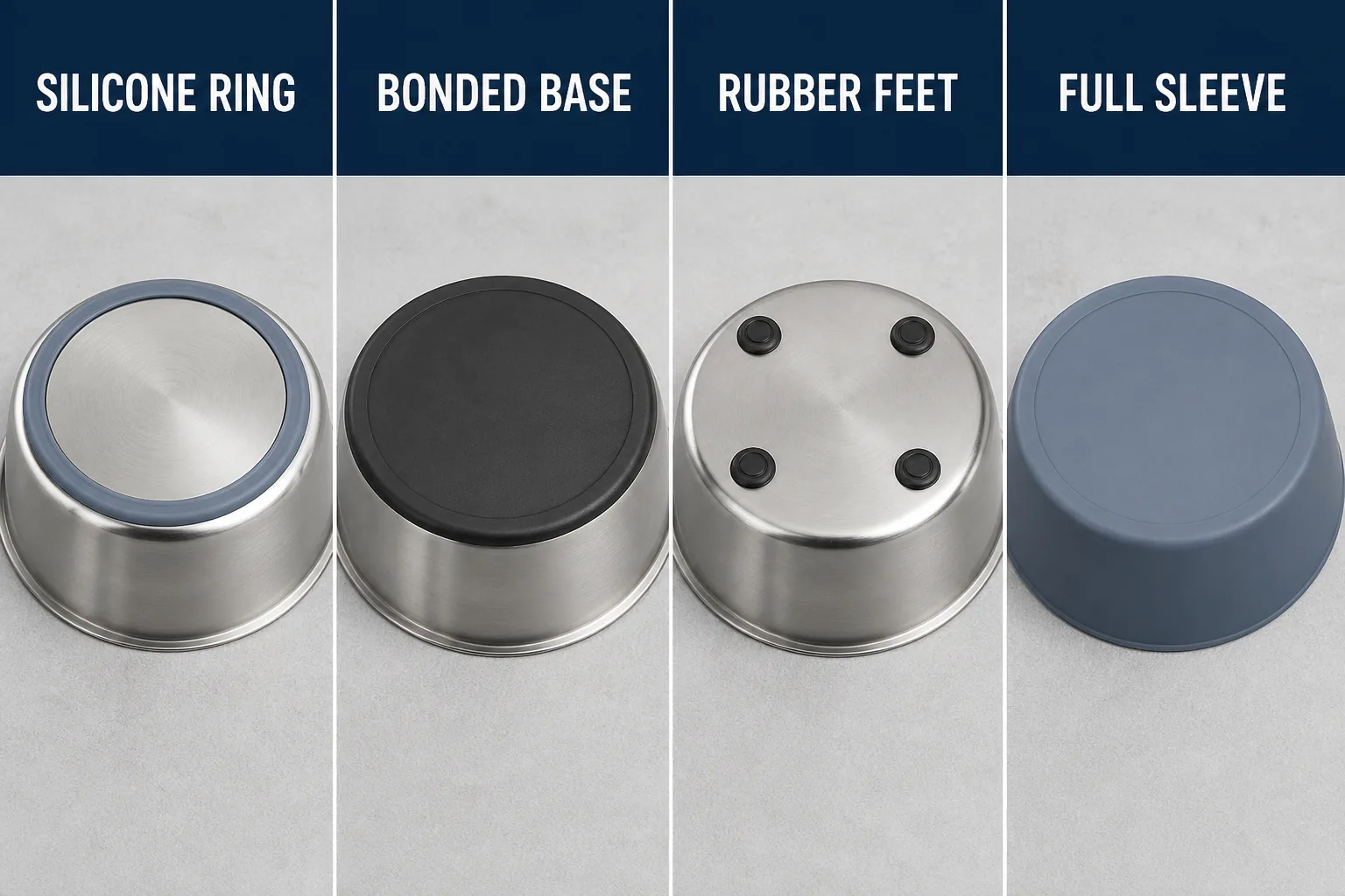 Anti-slip base options for stainless steel dog bowls