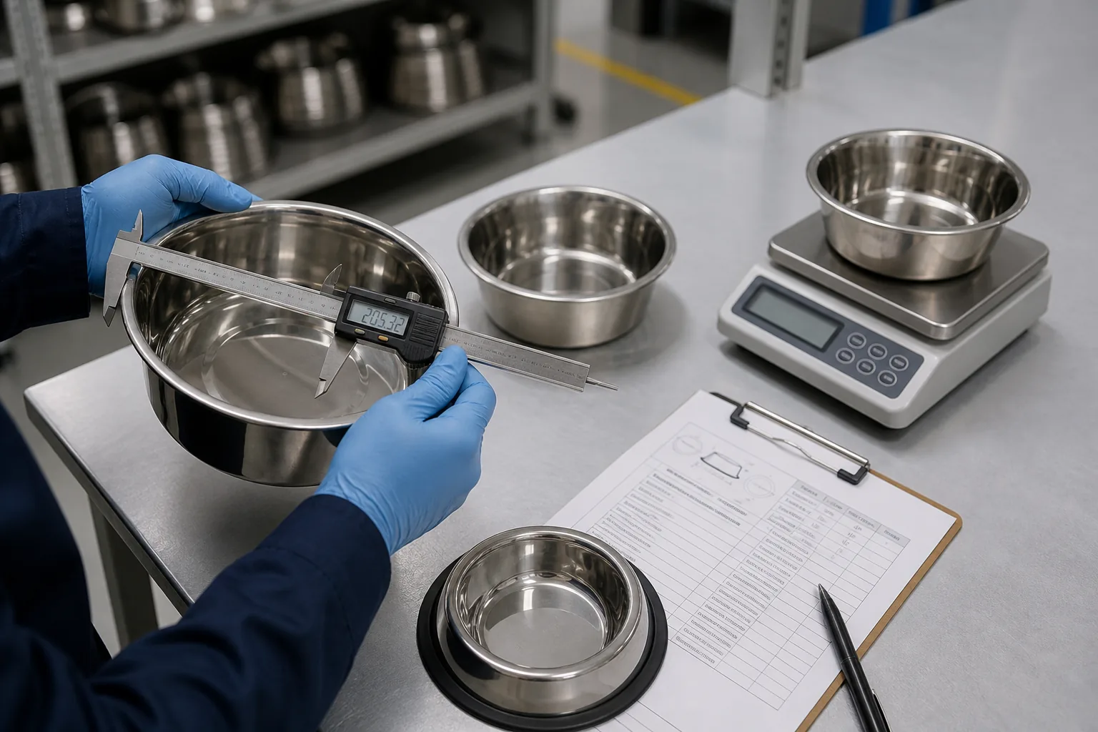 Quality inspection of stainless steel dog water bowls using a caliper and scale