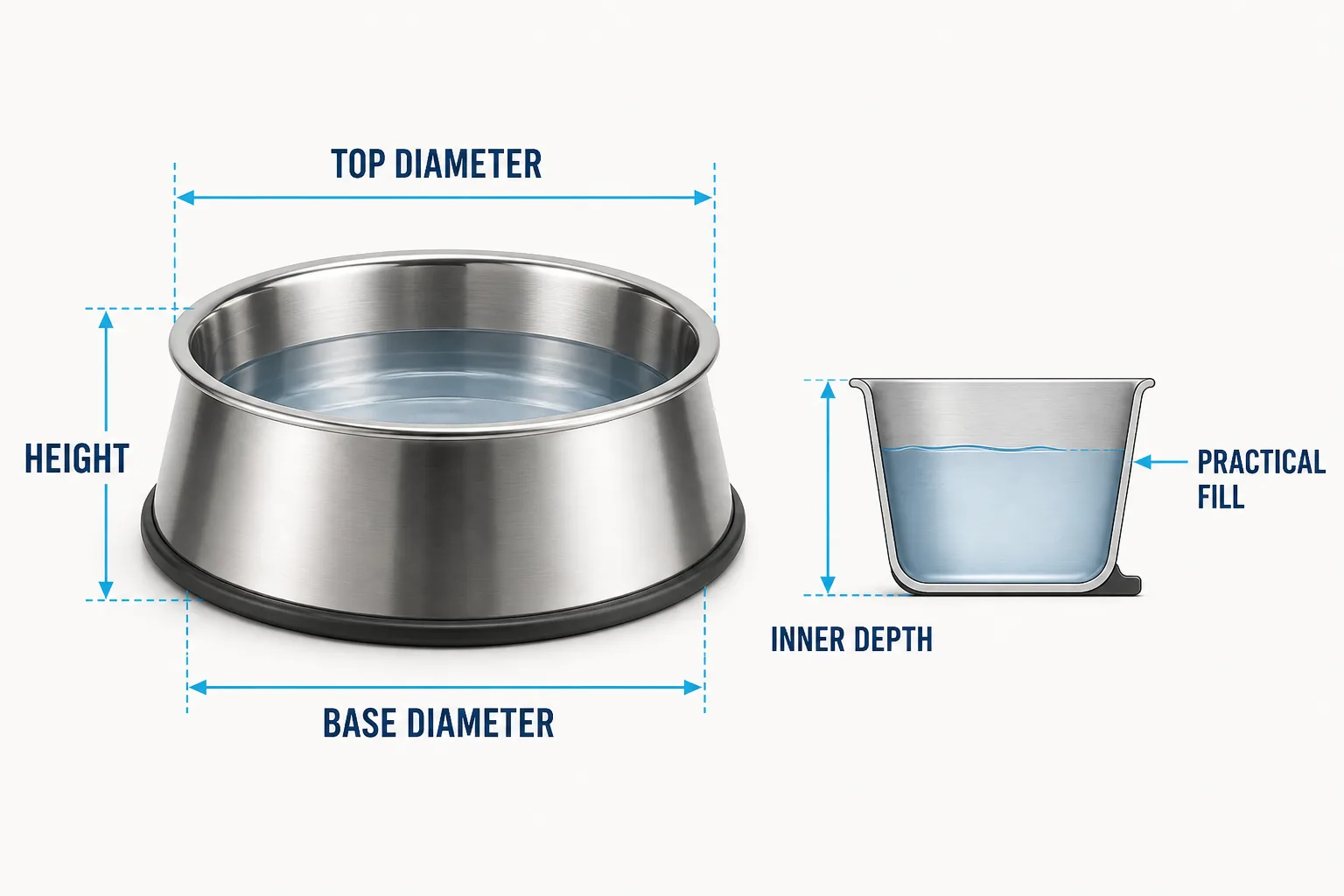 Stainless steel dog bowl dimensions and practical water capacity