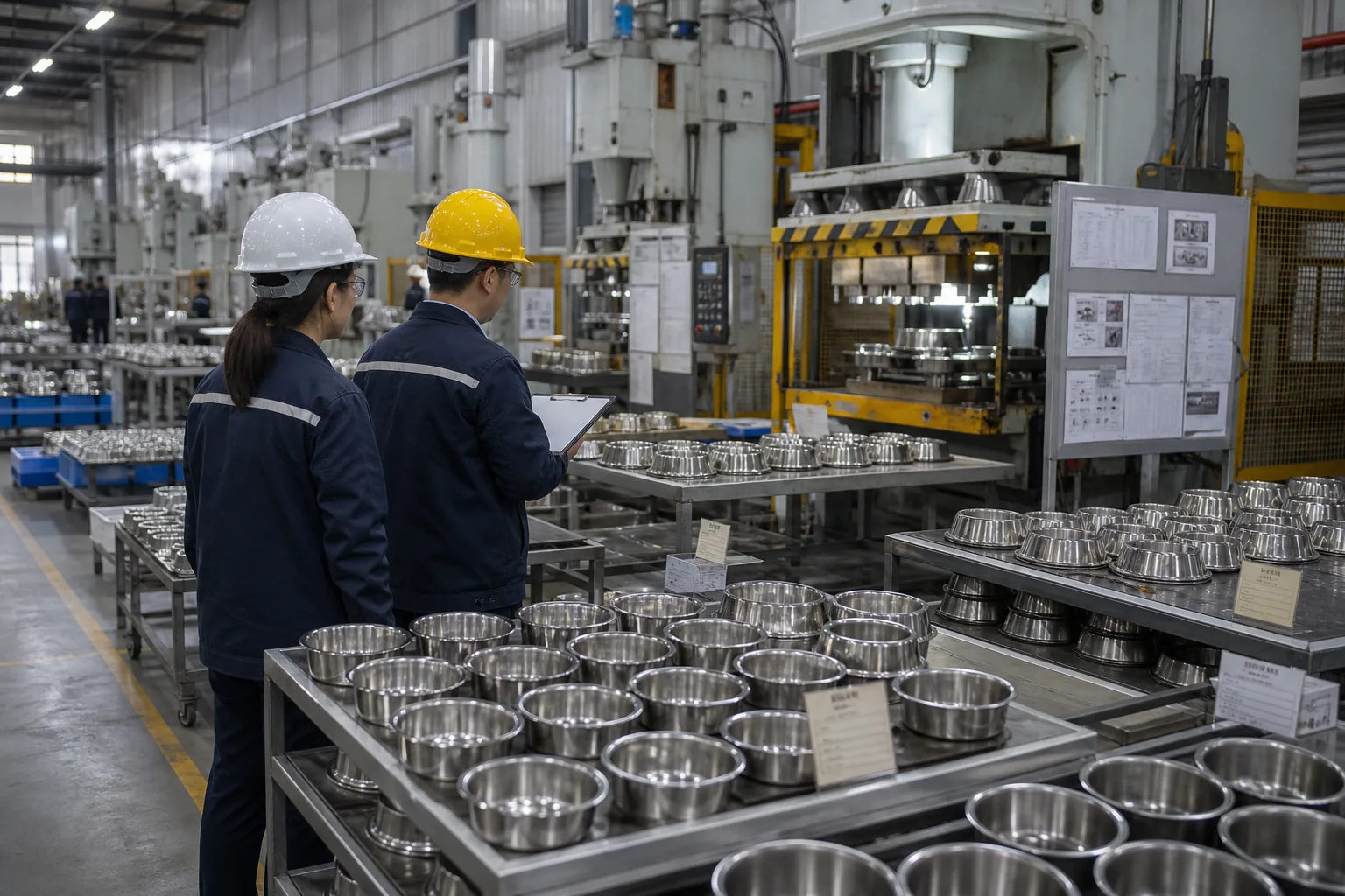Buyer reviewing stainless steel dog bowl production during a supplier factory audit