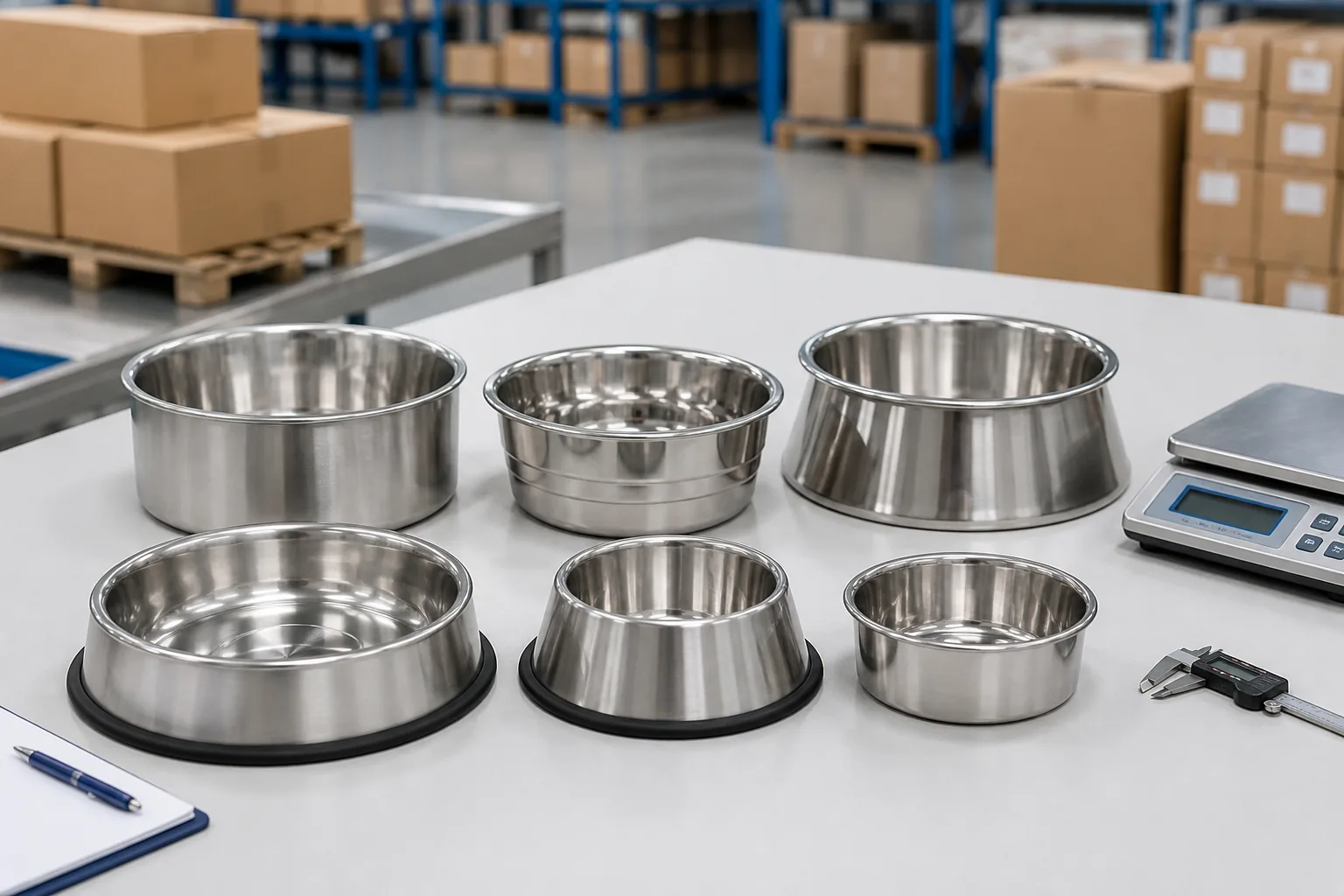 Stainless steel dog water bowls displayed for wholesale sourcing
