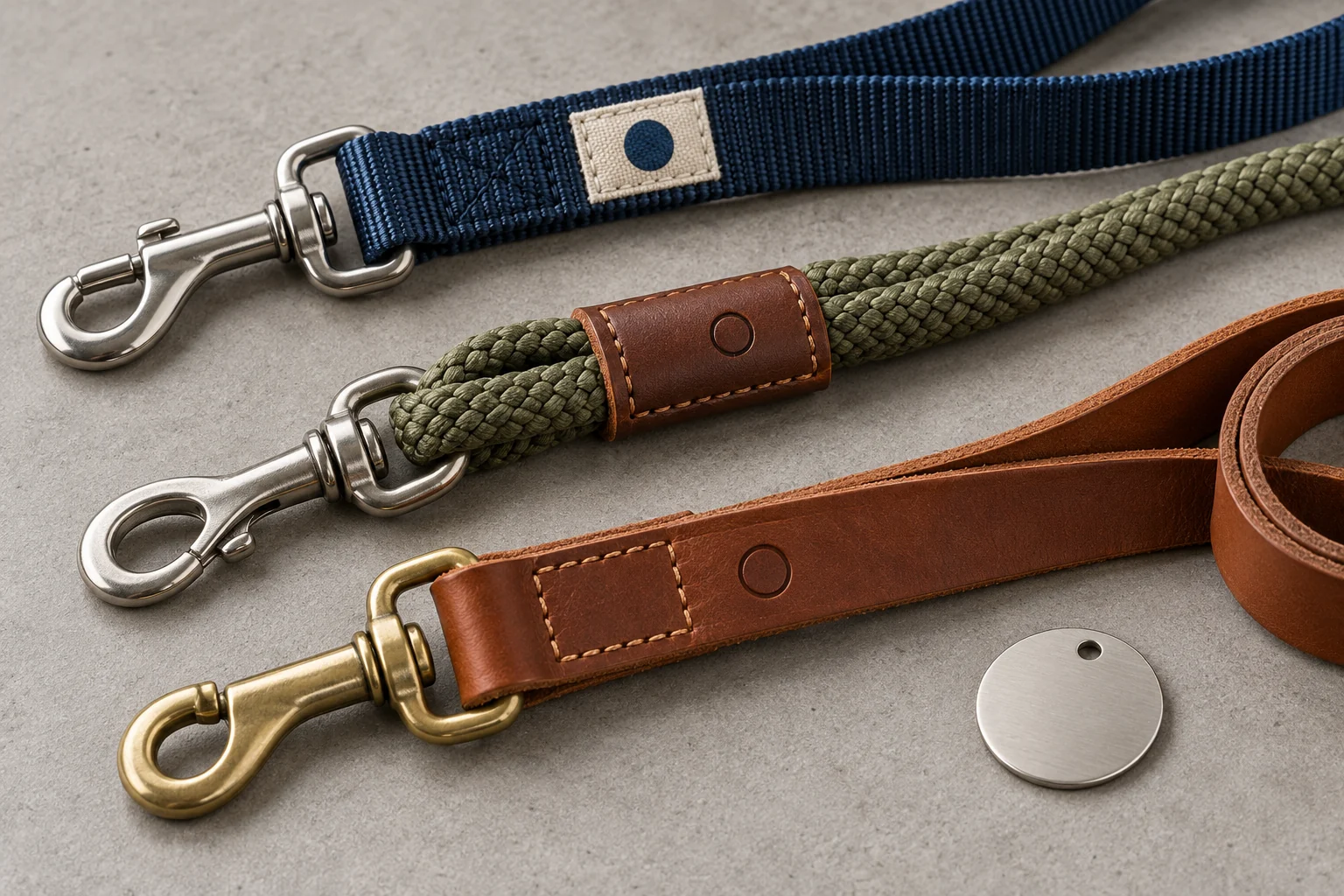 Nylon, rope, and leather dog leash samples with woven labels, a sleeve patch, and a debossed mark