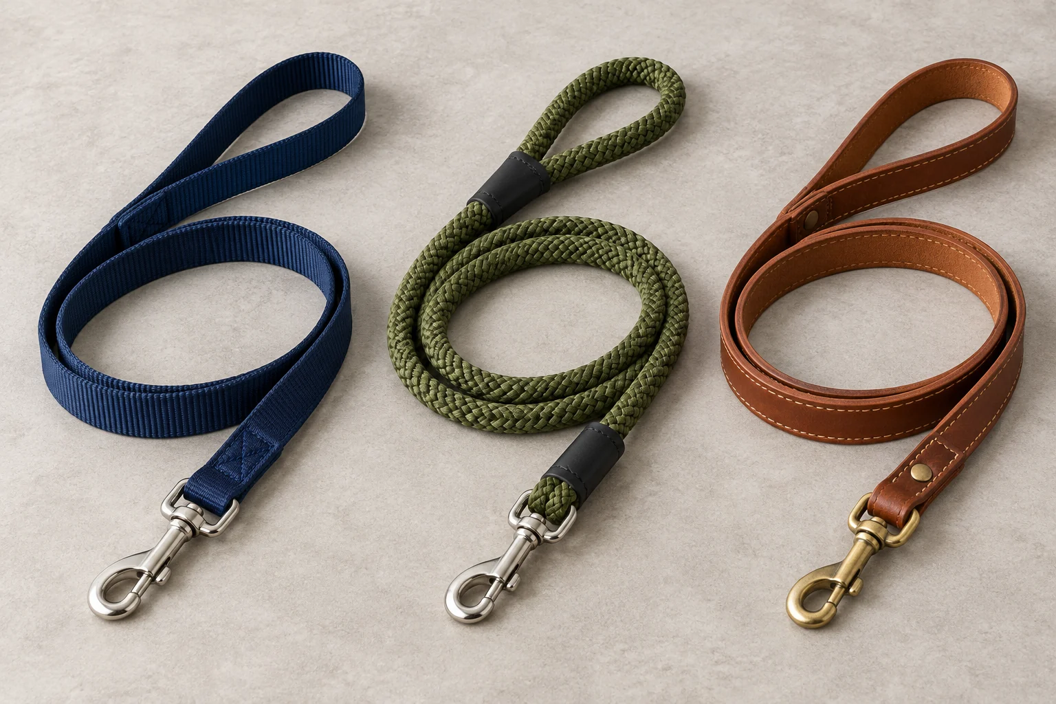 Nylon, braided rope, and leather dog leashes arranged side by side for material comparison