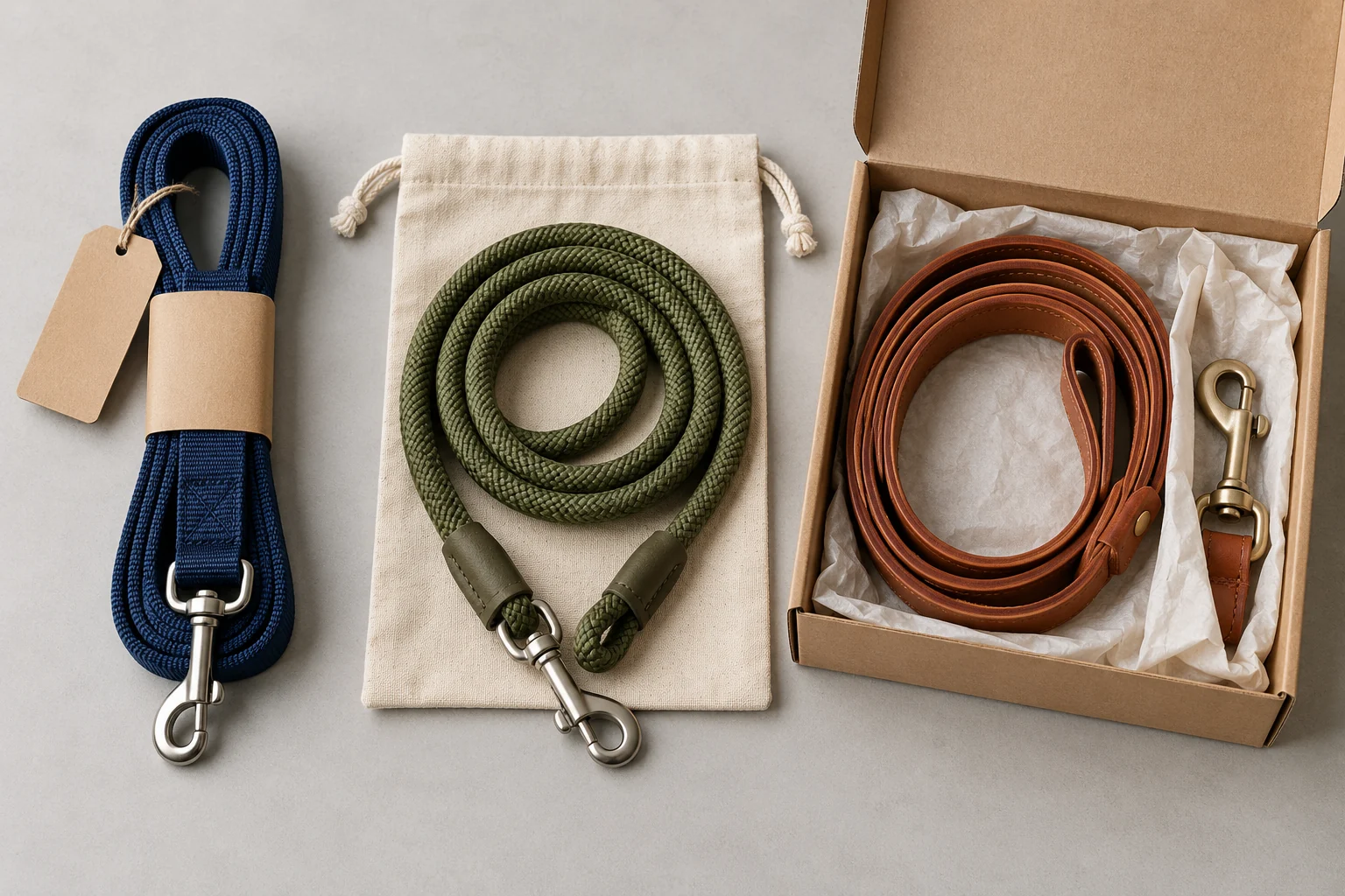 Dog leash retail packaging options including a hang tag, paper sleeve, pouch, and protective box