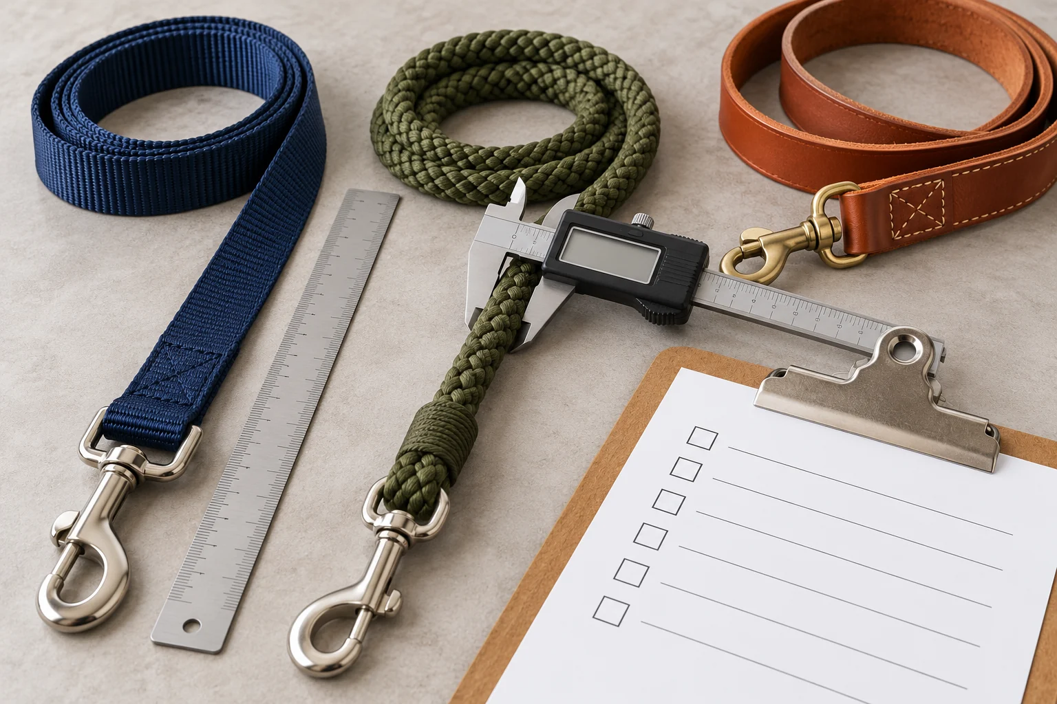 Nylon, rope, and leather dog leash samples arranged with measurement tools for quality inspection