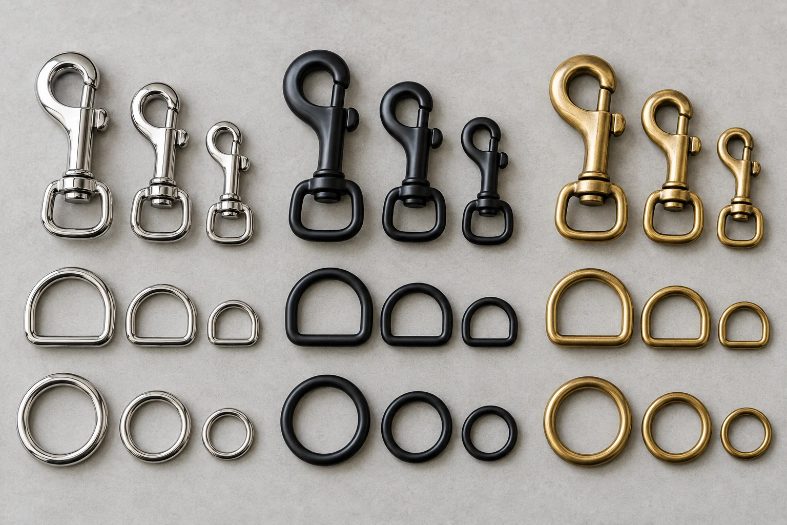 Dog leash swivel snap hooks, D-rings, and O-rings in silver, black, and brass-colored finishes