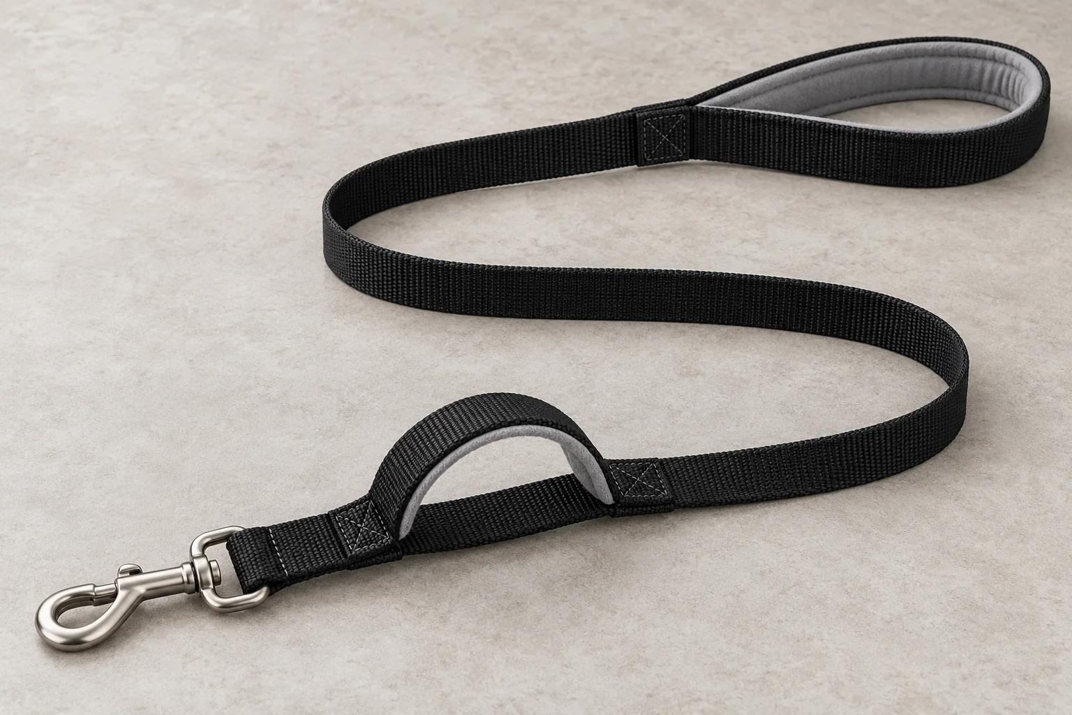 A black nylon leash with a padded main handle, a smaller traffic handle near the clip, and a silver swivel snap hook.