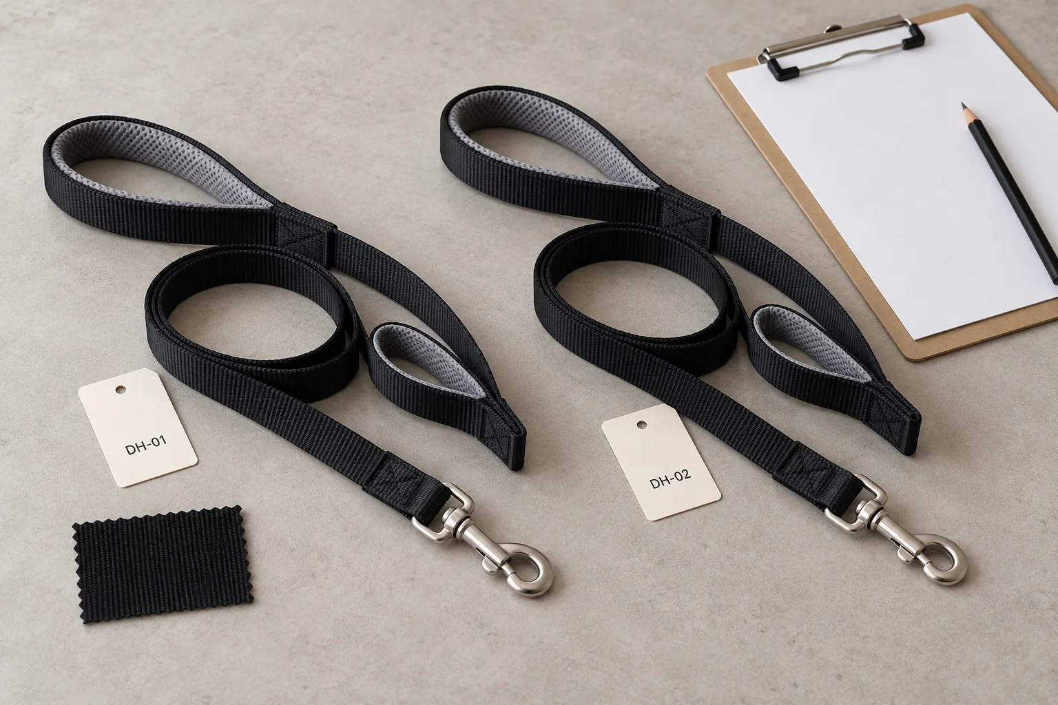 Two black leash samples with DH-01 and DH-02 tags beside a blank clipboard and a webbing swatch.