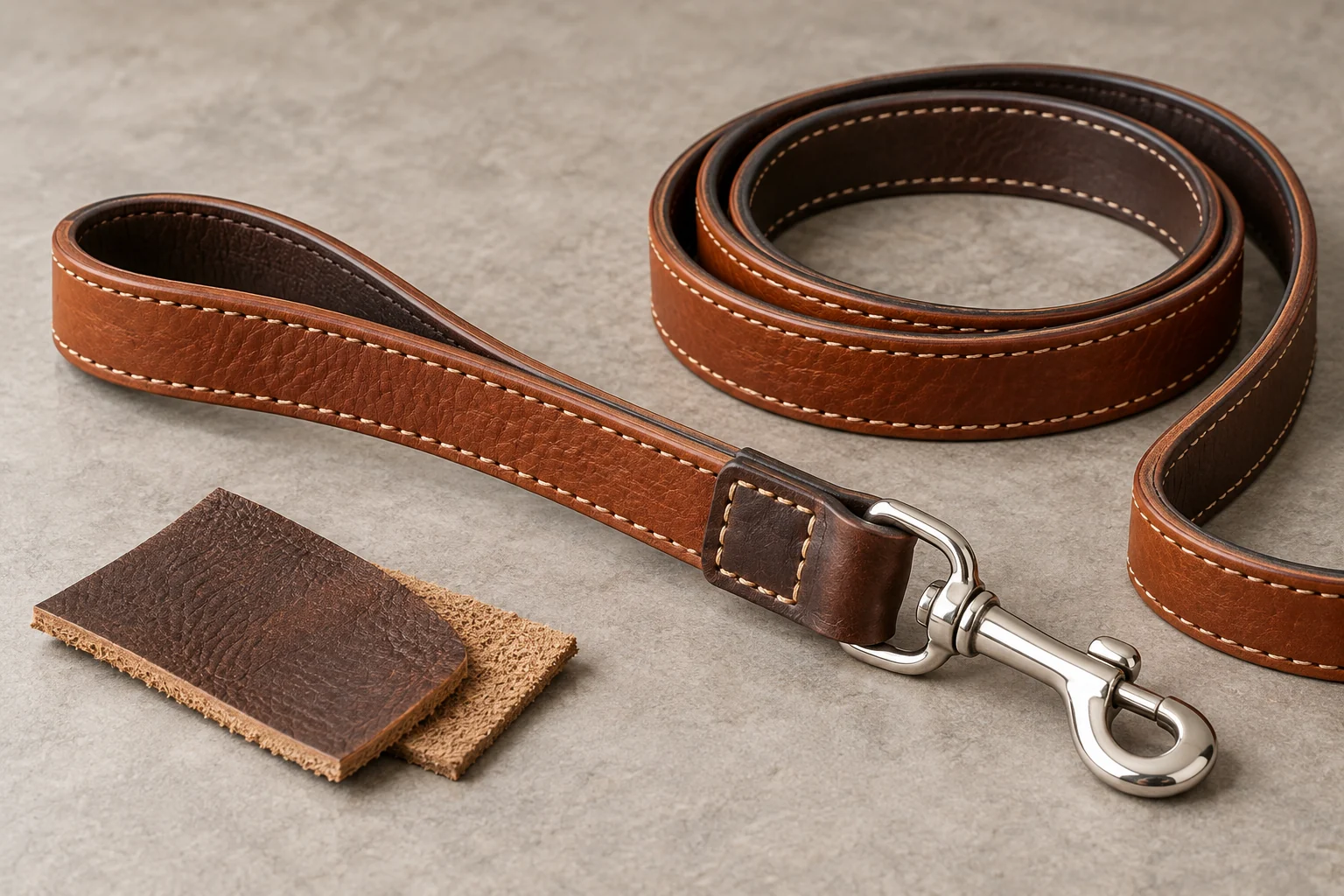 Brown leather dog leash samples showing natural grain, finished edges, stitching, and hardware attachment