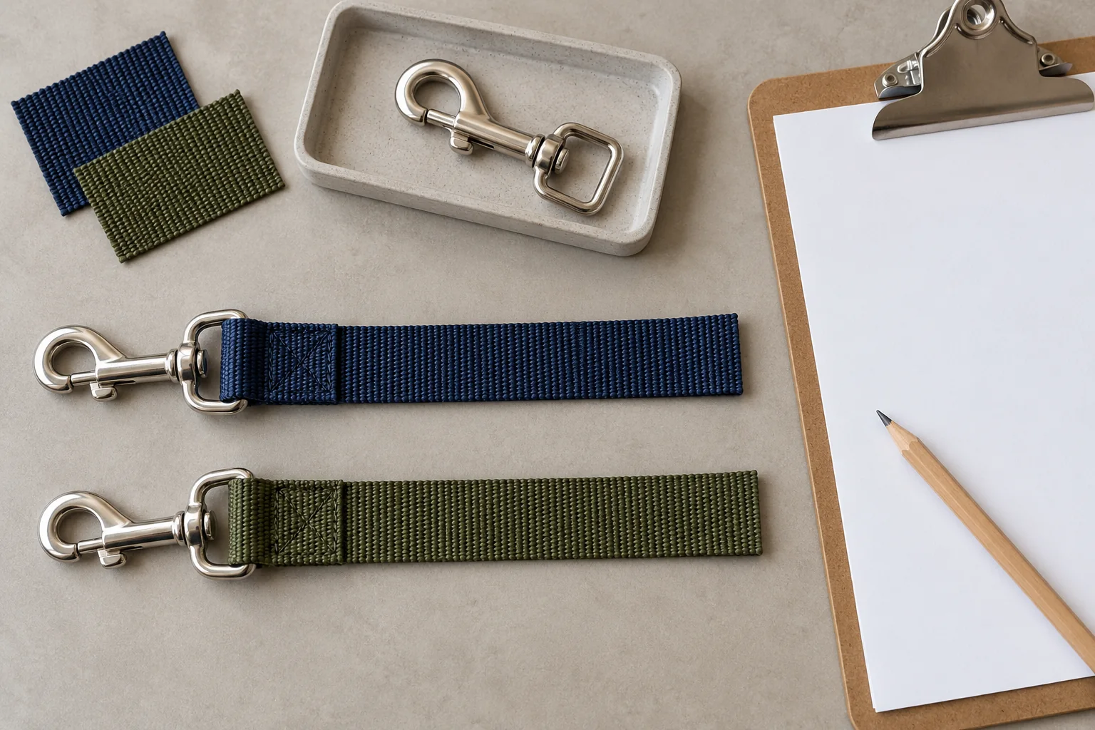 Navy and olive nylon connection samples beside webbing swatches, a spare hook and a blank clipboard.