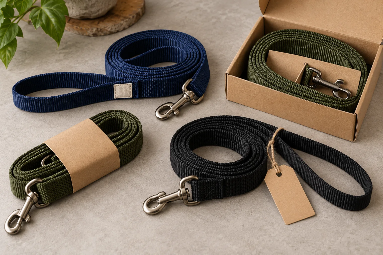 Nylon dog leashes with a blank fabric label, kraft sleeve, hang tag and open retail box.