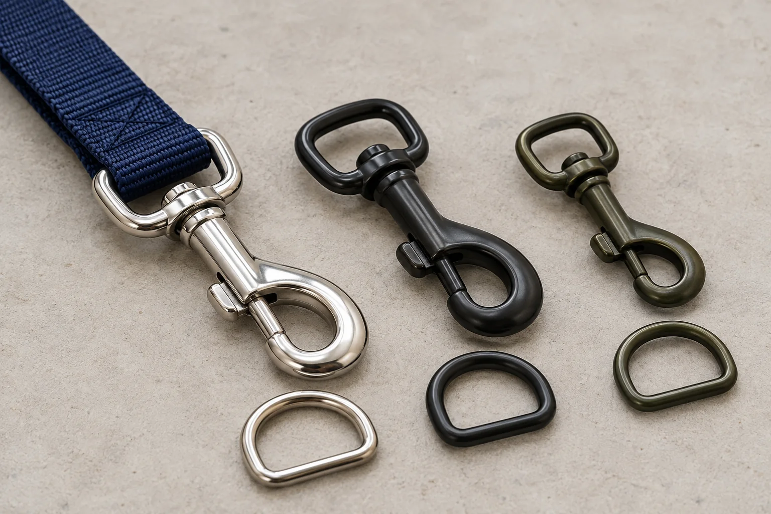 Swivel snap hooks and D-rings in silver and dark finishes, with one hook attached to navy nylon webbing.