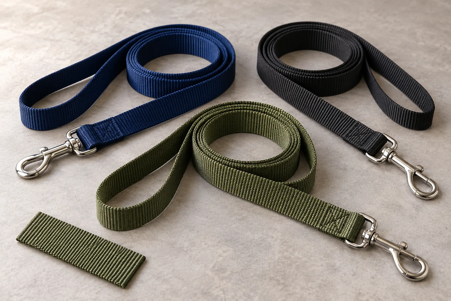 Navy, black and olive nylon dog leashes with loop handles and silver swivel snap hooks.