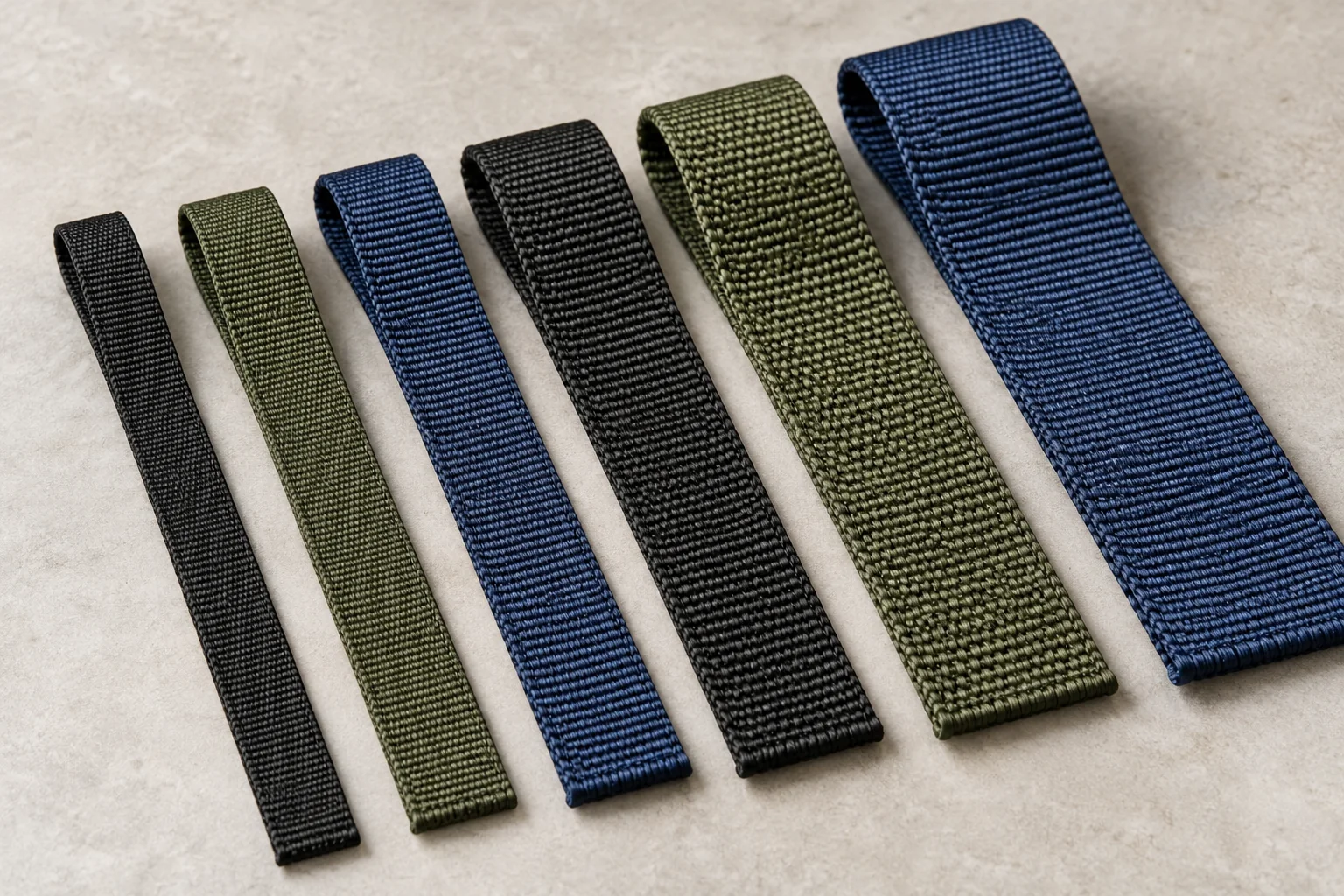 Nylon webbing samples in different widths, colors and woven textures.