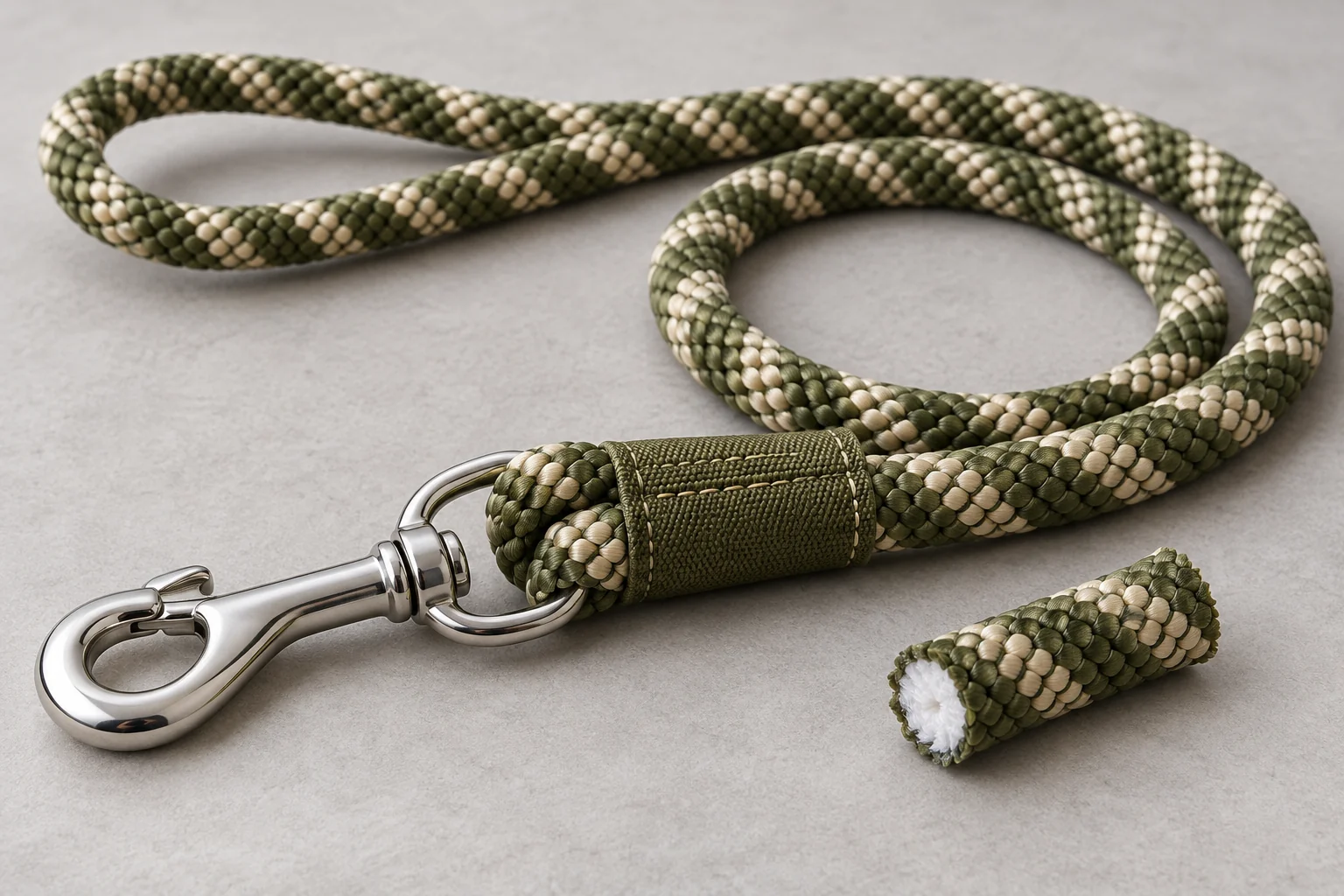 Braided rope dog leash with a reinforced hook connection and a separate cut sample exposing its inner core