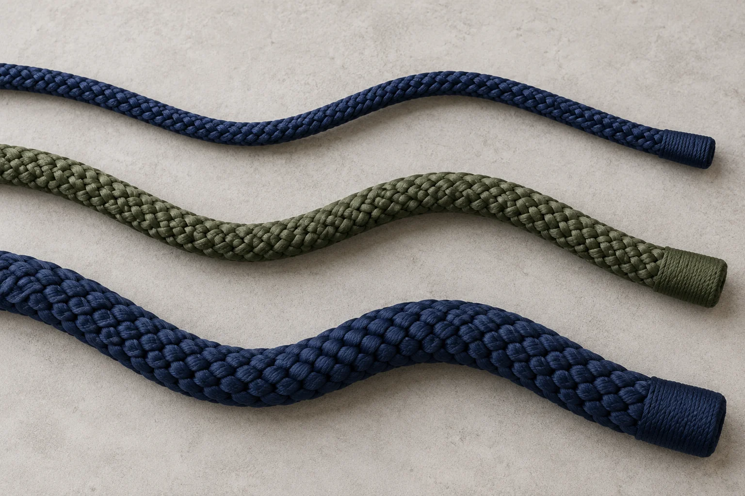 Three navy and olive braided rope samples with different apparent thicknesses and surface textures.