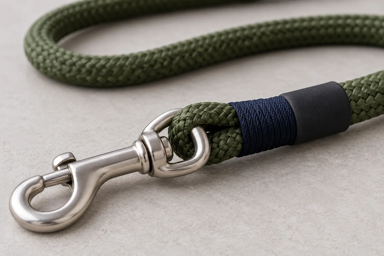 Close-up of an olive rope leash hook end with a navy wrap and dark outer sleeve beside a silver snap hook.