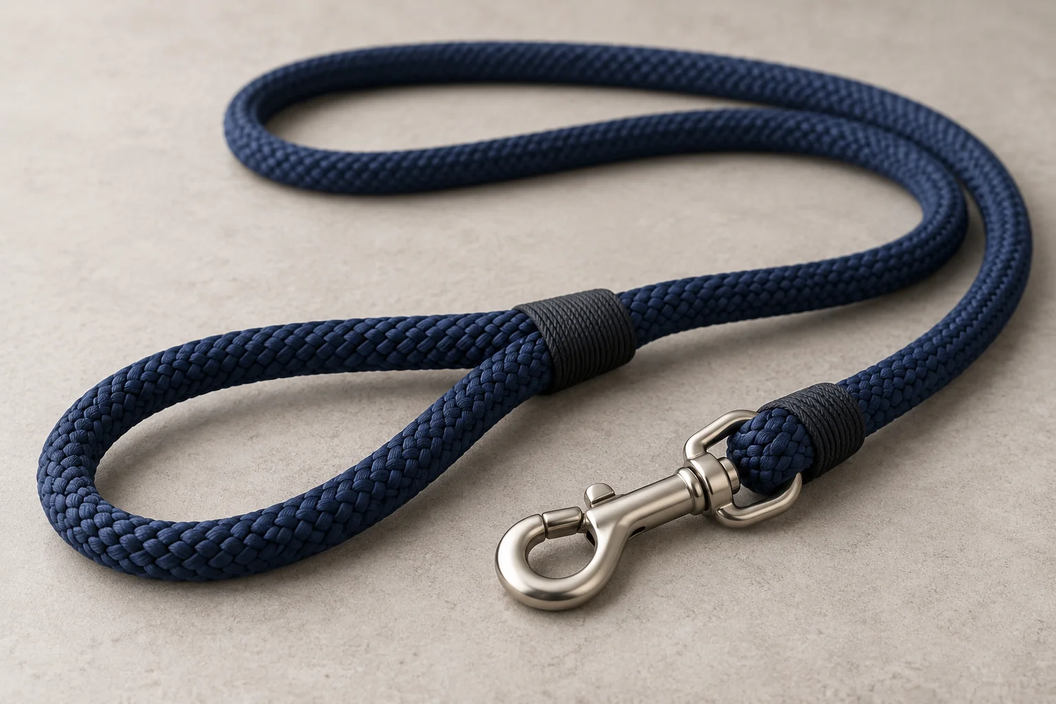 A navy braided rope leash arranged to show its loop handle, dark end finishing and silver swivel snap hook.