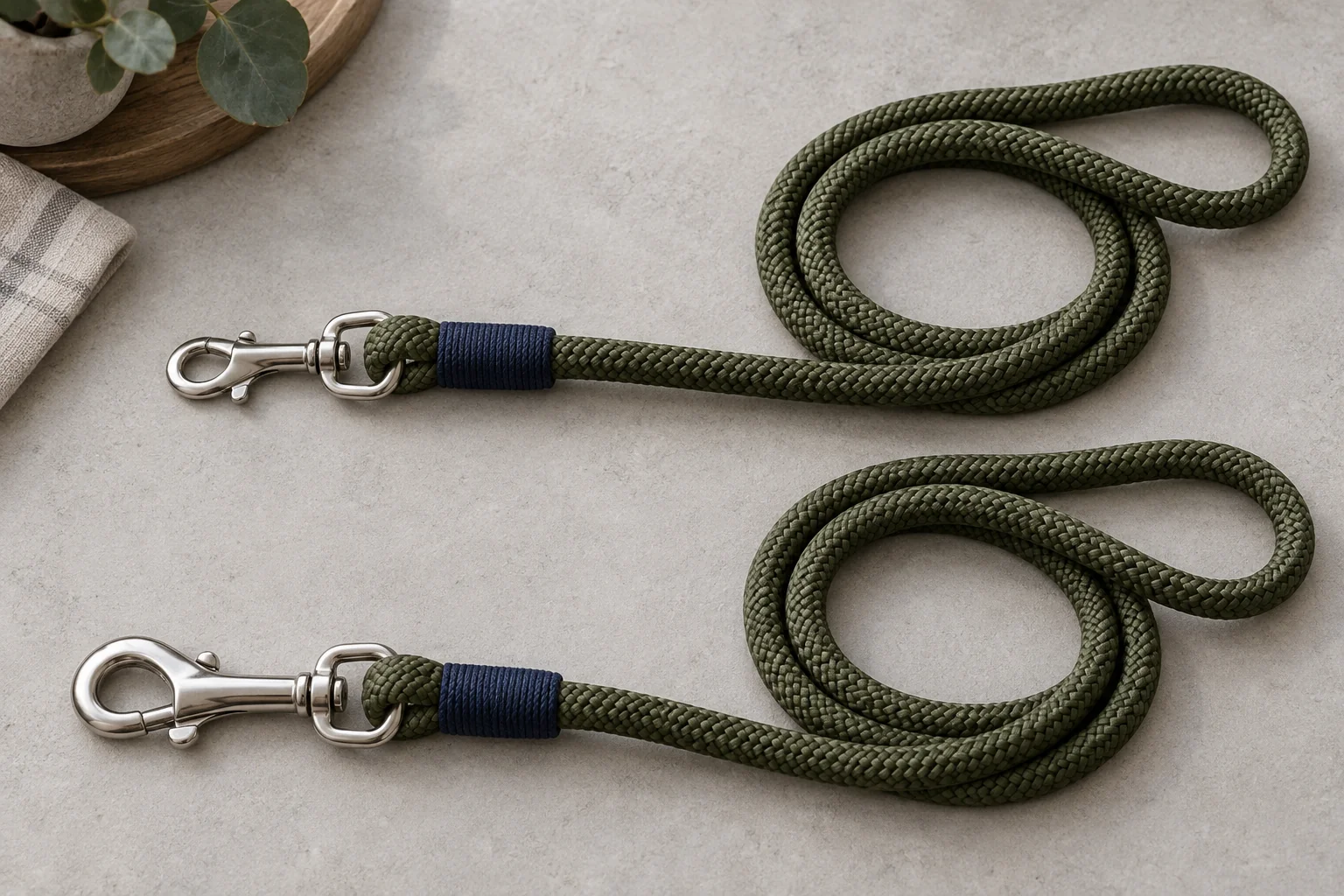 Two olive rope leash hook-end samples with similar exterior wraps and different-sized silver swivel snap hooks.