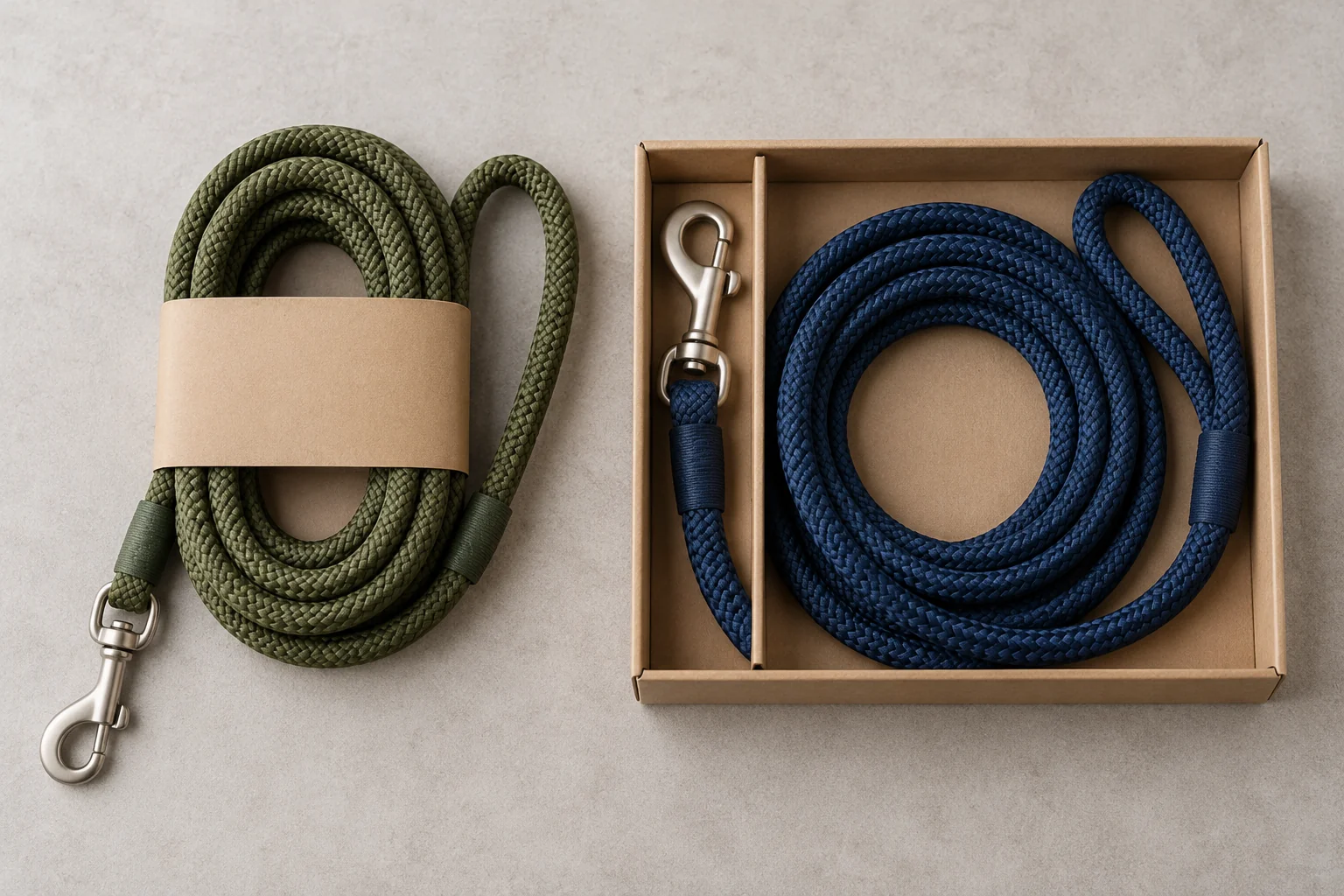 Coiled olive and navy rope leashes displayed with a blank kraft paper sleeve and an open kraft box.