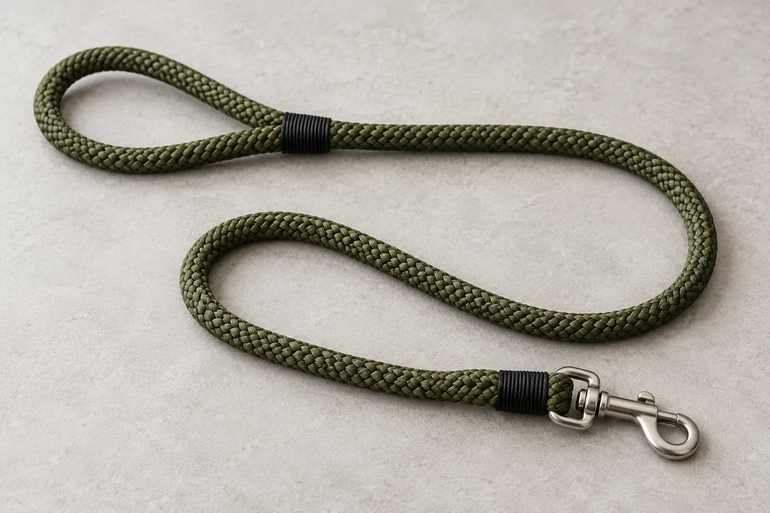 An olive braided rope dog leash with a loop handle, dark end finishing and a silver swivel snap hook.